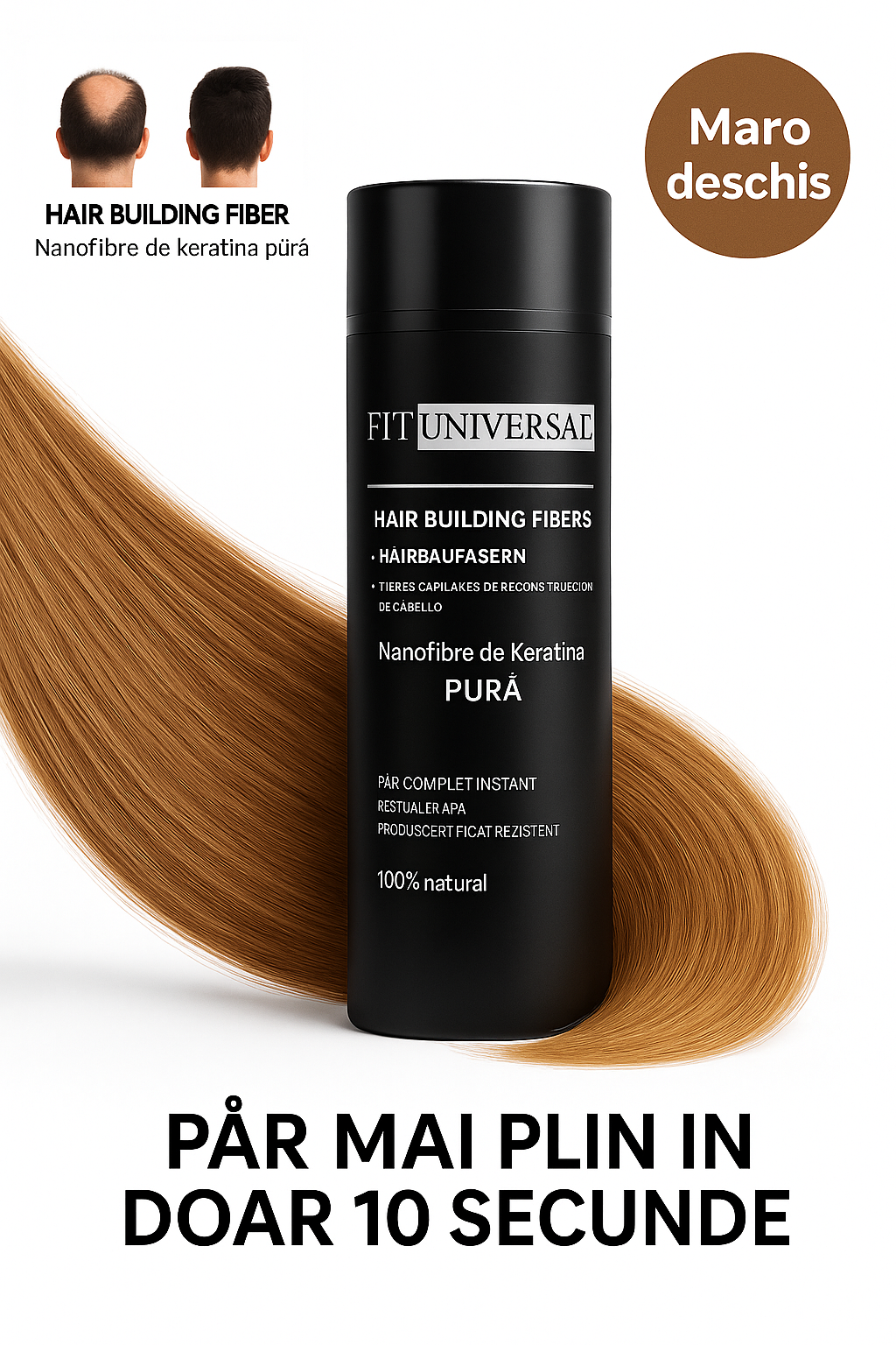 Nanofibre din cheratina pura pentru par rar, FITUNIVERSAL, pudra cu cu fibre pentru par mai des instant, rezistenta la apa, nanofibre de cheratina, Maro Deschis